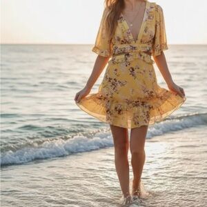 Yellow Floral V-Neck Mini Dress